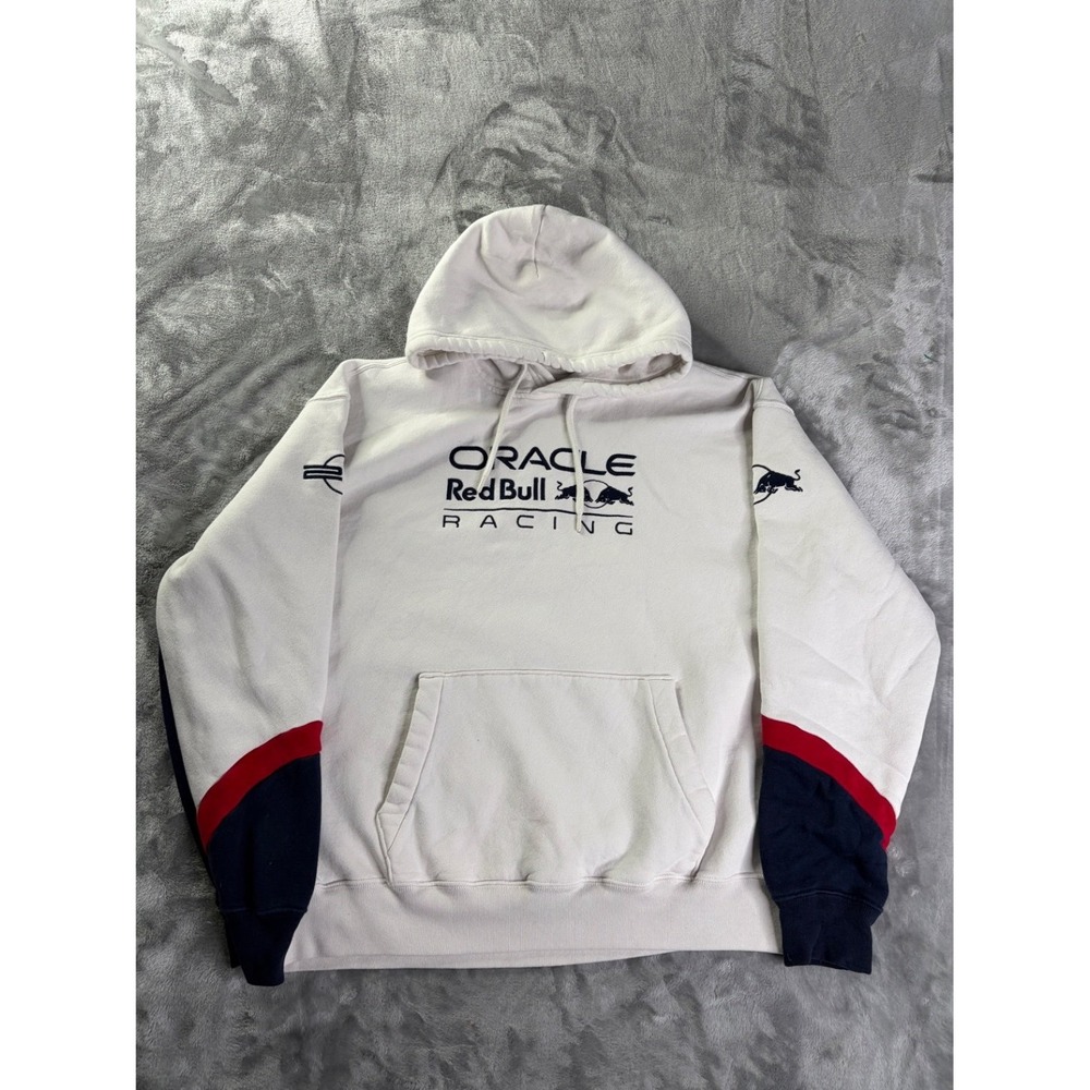 Oracle Red Bull Racing Pullover Hoodie Sweatshirt Mens L White Colorblock Hooded